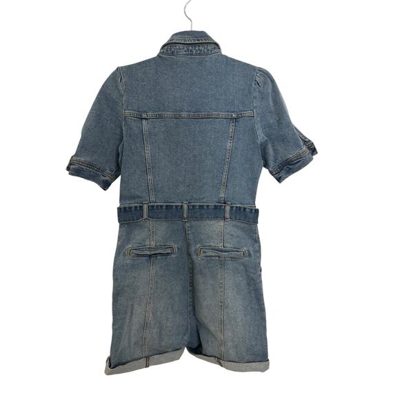 Avec Les Filles Denim Romper Womens Small Blue Short Sleeve Belted Button Front - Picture 2 of 5
